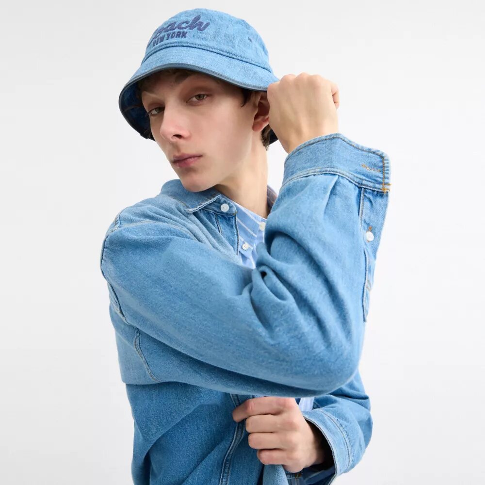 Coach Script Embroidered Denim Bucket Hat
